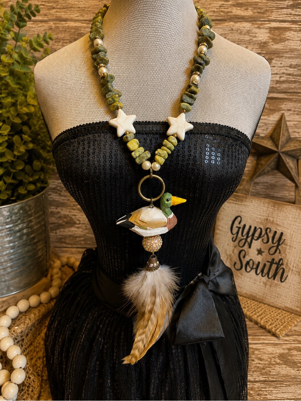 Green Beaded Mallard Duck Pendant Necklace with Feather